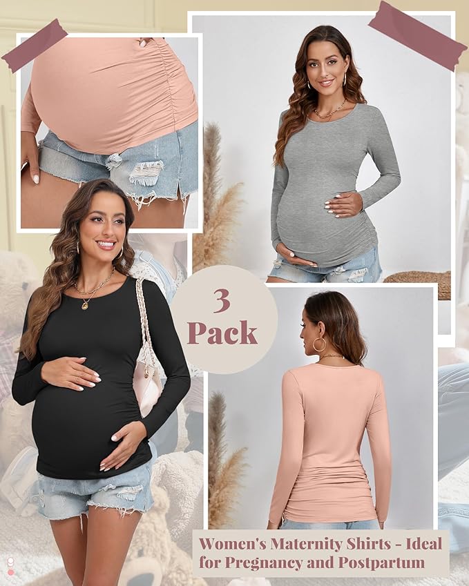 Ficerd 3 Pack Women's Maternity Shirts, Long Sleeve Side Ruched Pregnancy Tee Tops Crew Neck Casual Mama Clothes Basic Tunic