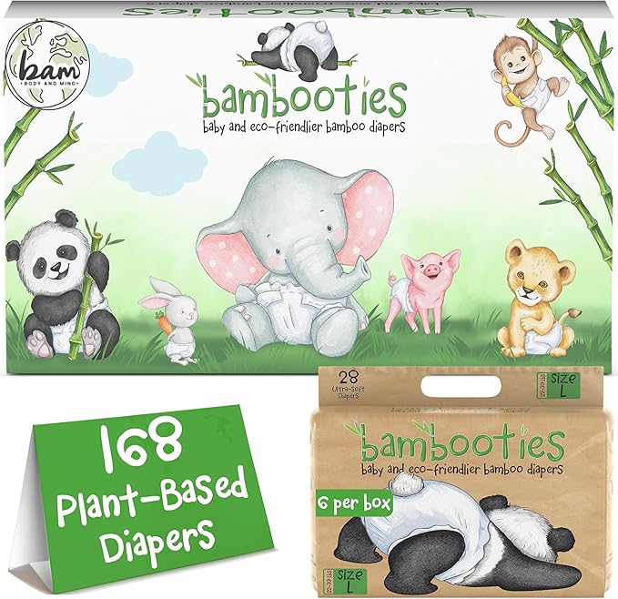 Bamboo Baby Diapers, Totally Chlorine Free for Sensitive Skin for Newborns to XXL. Hypoallergenic & Non Toxic Eco Friendlier Plant-Based Materials. TCF Large Size 4 (168 ct)