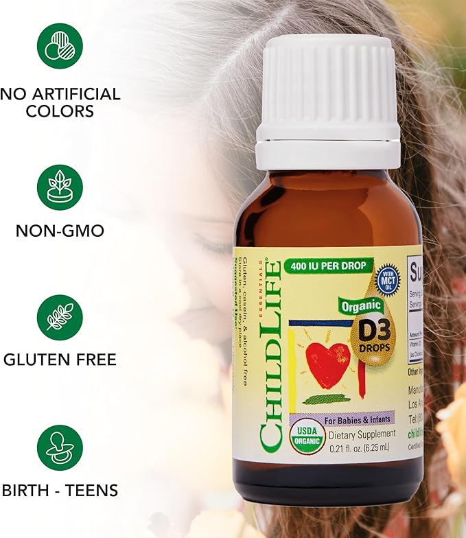 CHILDLIFE ESSENTIALS Organic Vitamin D3 Drops for Infants & Newborns - Baby Vitamin D Drops, 400 IU per Liquid Drop, Immune & Bone Health Support, USDA Organic, Flavorless - 0.21 Fl Oz (2 Pack)