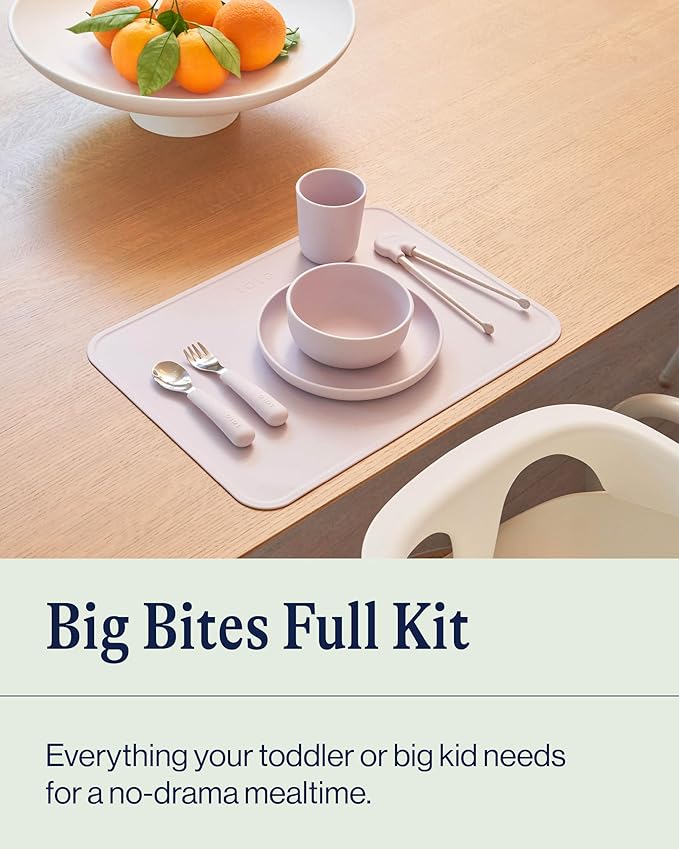 Lalo Big Bites Kids Dinnerware Full Set - Dishwasher Safe, BPA Free, Kids Tableware Set - Includes Stackable Bowl, Plate, Utensils & Cup - 7 Pieces - Olive