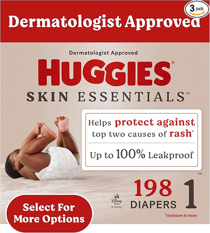 Huggies Size 1 Diapers, Skin Essentials Baby Diapers, Size 1 (8-14 lbs), 198 Count (3 Packs of 66)
