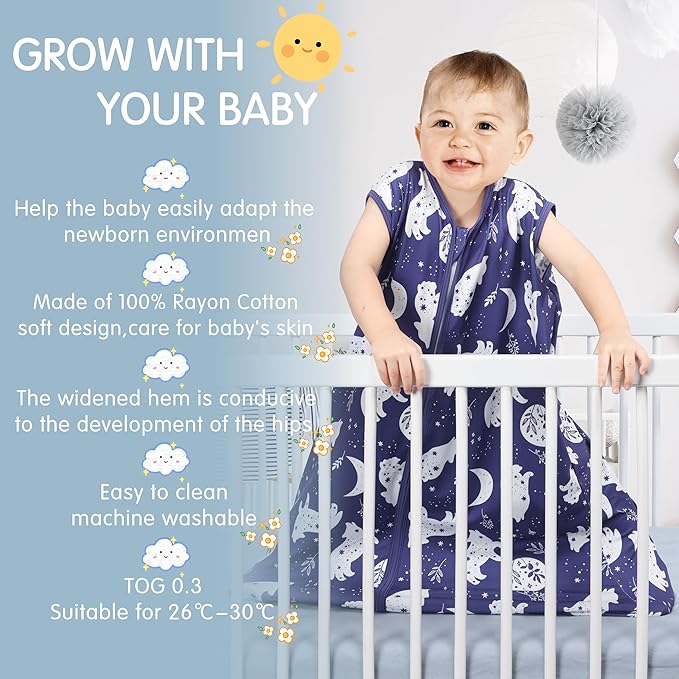 3 Pack Baby Sleep Sack 100% Rayon Cotton Baby Sleeping Bag 2-Way Zipper Toddler Wearable Blankets TOG 0.3. (Fox&Dinosaurs&Dark gray, 0-6 Months)