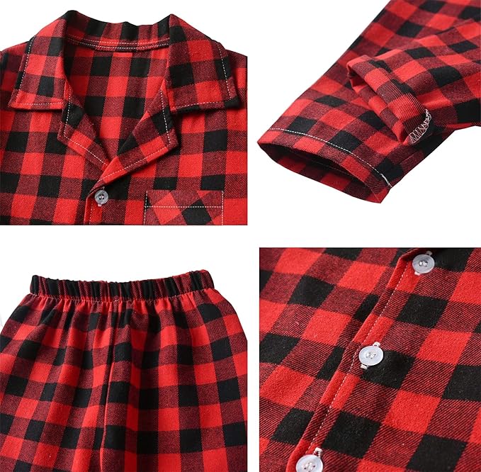 Schbbbta Kids Pajamas Set, Plaid Button Down Pjs for Girls & Boys, 9 Months - 14 Years