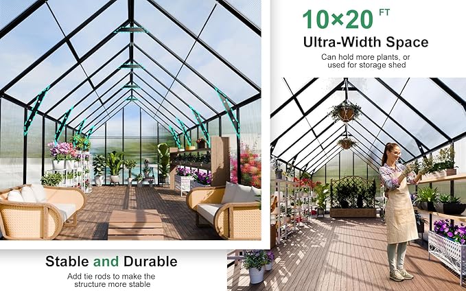 CDCASA 20x10x10 FT Greenhouse for Outdoors, Easy Assembly Large Thicker Aluminum Heavy Duty Polycarbonate Greenhouses Kit w/4 Vents, Swing Door, Outside Walk-in Green House for Sunroom Patio,Backyard