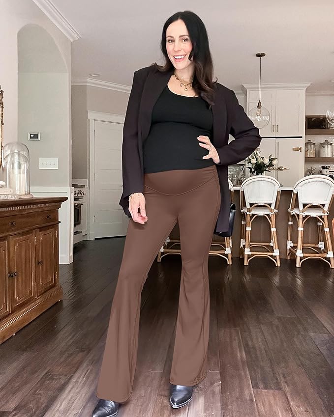 G4Free BareFeel Maternity Flare Leggings with Pockets Over The Belly Stretchy Casual Lounge Pregnancy Dress Pants for Work