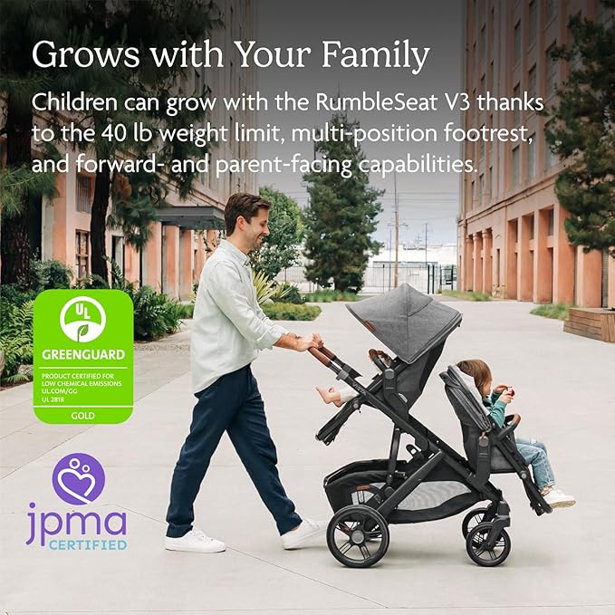 UPPAbaby RumbleSeat V3 Second Lower Seat - Compatible with Vista V2 and Vista V3 - All-Weather Seat + Magnetic Buckle – Adapters Included - Theo (Dark Taupe/Silver Frame/Chestnut Leather)