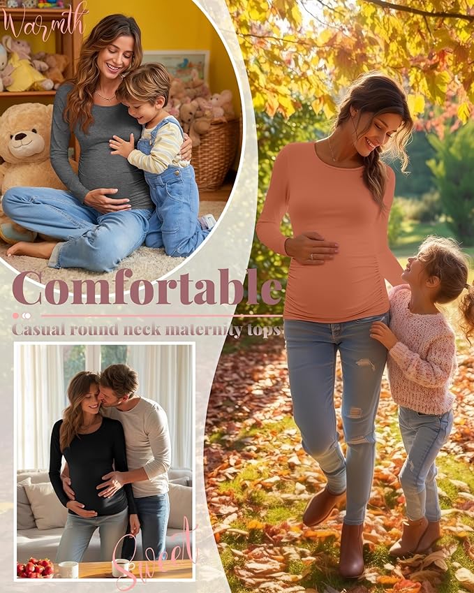 Ficerd 3 Pack Women's Maternity Shirts, Long Sleeve Side Ruched Pregnancy Tee Tops Crew Neck Casual Mama Clothes Basic Tunic