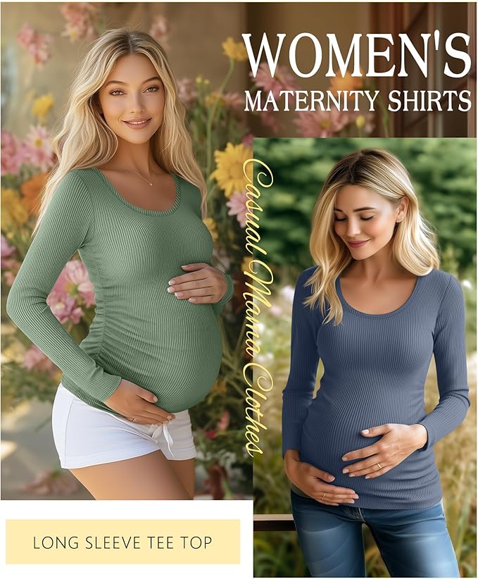 Riyiper 4 Pack Women's Maternity Shirts, Long Sleeve Cotton Ribbed Pregnancy Tee Top Crewneck Side Ruched Casual Mama Clothes