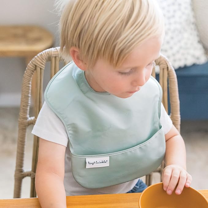 Tiny Twinkle Mess Proof Baby Bibs for Eating – Waterproof, Wipeable Toddler Bibs with Pocket – Baby Food Bibs for Girls & Boys(3 Pack,Sage, Charcoal)