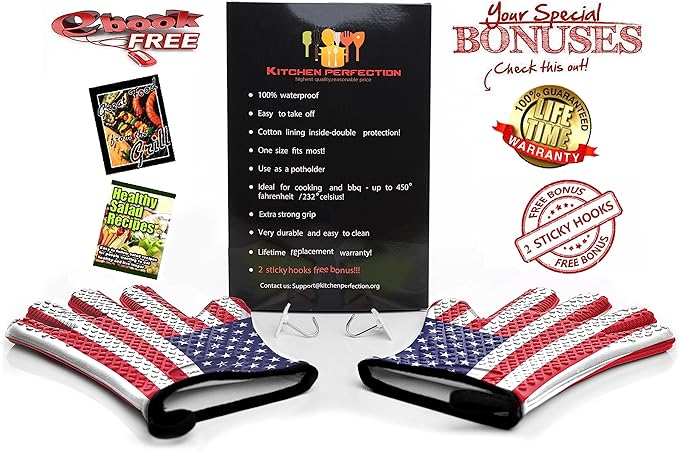 Kitchen perfection XL Silicone Smoker Oven Gloves-Extreme Heat Resistant BBQ Gloves-Handle Hot Food Right on Your Grill Fryer&Pit|Waterproof Grilling Cooking Baking Mitts|Superior Value Set+3 Bonuses