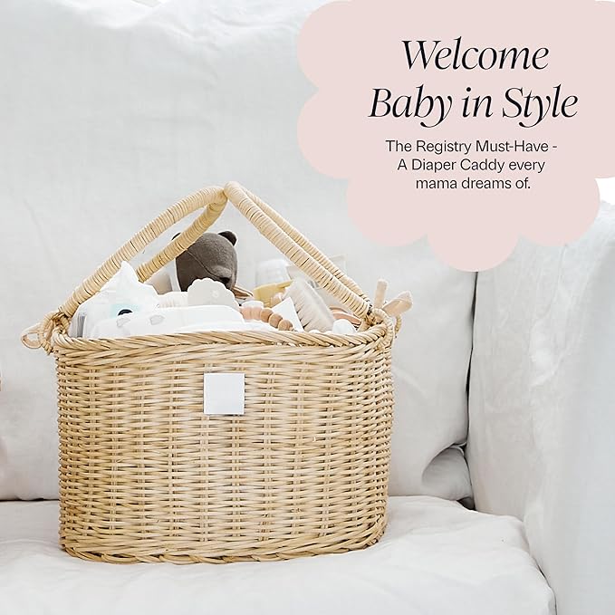 BEBE BASK Premium Baby Diaper Caddy Organizer - Handmade Rattan Basket With Cotton Divider - Award-Winning & Luxury Diaper Caddy Basket - (SAVANNAH)