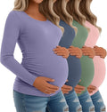 Riyiper 4 Pack Women's Maternity Shirts, Long Sleeve Cotton Ribbed Pregnancy Tee Top Crewneck Side Ruched Casual Mama Clothes
