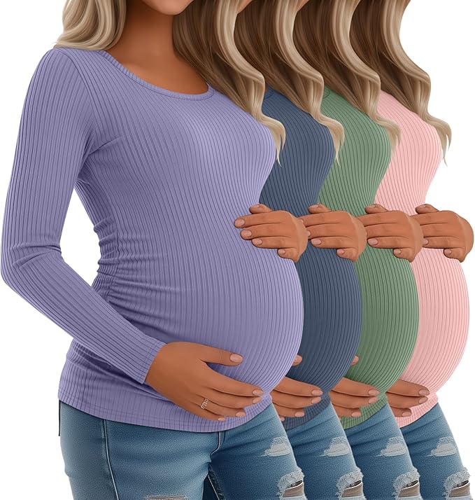 Riyiper 4 Pack Women's Maternity Shirts, Long Sleeve Cotton Ribbed Pregnancy Tee Top Crewneck Side Ruched Casual Mama Clothes
