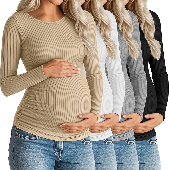 Huukeay 4 Pack Women's Maternity Shirts, Long Sleeve Cotton Ribbed Pregnancy Tops Side Ruched Crew Neck Casual Mama Clothes