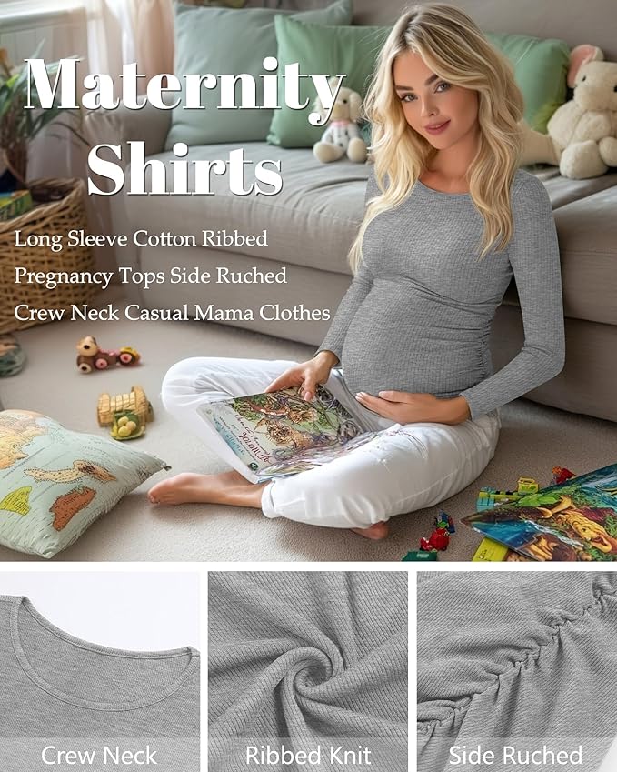Huukeay 4 Pack Women's Maternity Shirts, Long Sleeve Cotton Ribbed Pregnancy Tops Side Ruched Crew Neck Casual Mama Clothes