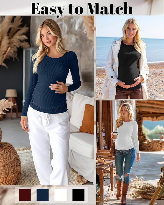 Huukeay 4 Pack Women's Maternity Shirts, Long Sleeve Cotton Ribbed Pregnancy Tops Side Ruched Crew Neck Casual Mama Clothes