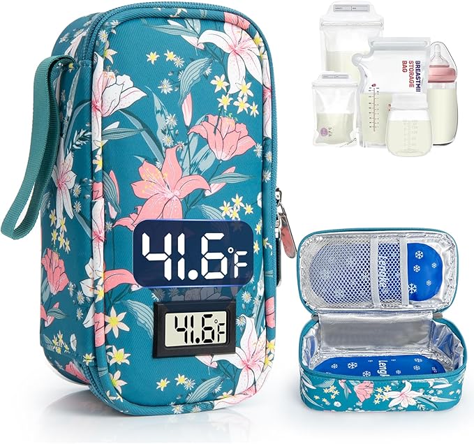 Breast Milk Cooler Travel Bag, Real-Time Temperature Display, Holds 20oz Breastmilk Storage Bag with 2 Breast Milk Ice Pack, Cooling & Waterproof Portable Cooler for Moms on The Go (Lily)