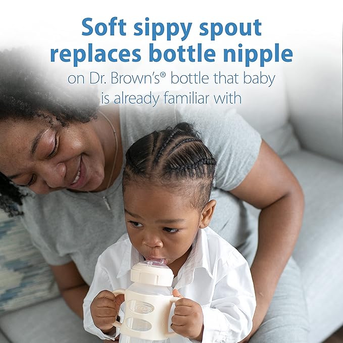 Dr. Brown's Milestones Wide-Neck Sippy Spout Bottle with 100% Silicone Handles, Easy-Grip Handles with Soft Sippy Spout, 9oz/270mL, Black & Ecru, 2-Pack, 6m+