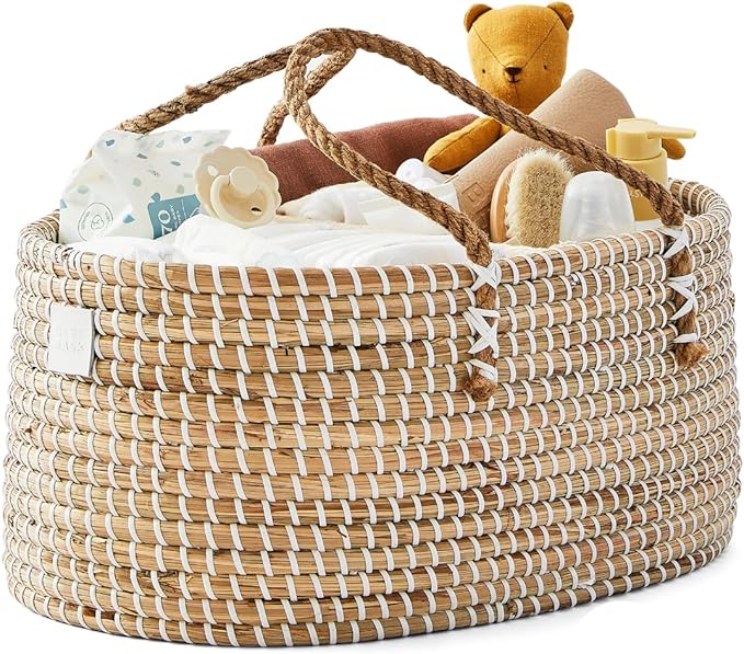 BEBE BASK Premium Baby Diaper Caddy Organizer - Handmade - Seagrass Basket With Cotton Divider - Award-Winning & Luxury Diaper Caddy Basket - White (NATURAL)