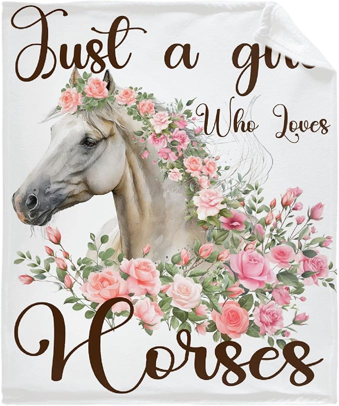 Just A Girl Who Loves Horses Throw Blanket for Women Men Flowers Animals Blanket Gifts for Adults Cute Horse Lightweight Blanket 60X80 Inches for Bed All Season