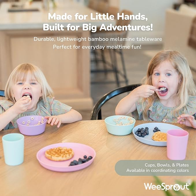 WeeSprout Bamboo Kids Bowls, Set of Four 10 oz Kid-Sized Bamboo Bowls, Dishwasher Safe Kid Bowls (Pastel Blue, Mint, Purple & Pink)