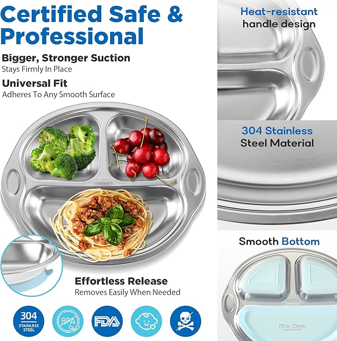 Stainless Steel Baby Suction Plates Divided Plates for Babies and Toddlers, Made of 100% Food-Grade Materials Ideal for Baby-Led Weaning BPA-Free Toddler Feeding Dishwasher Safe Orange-pink
