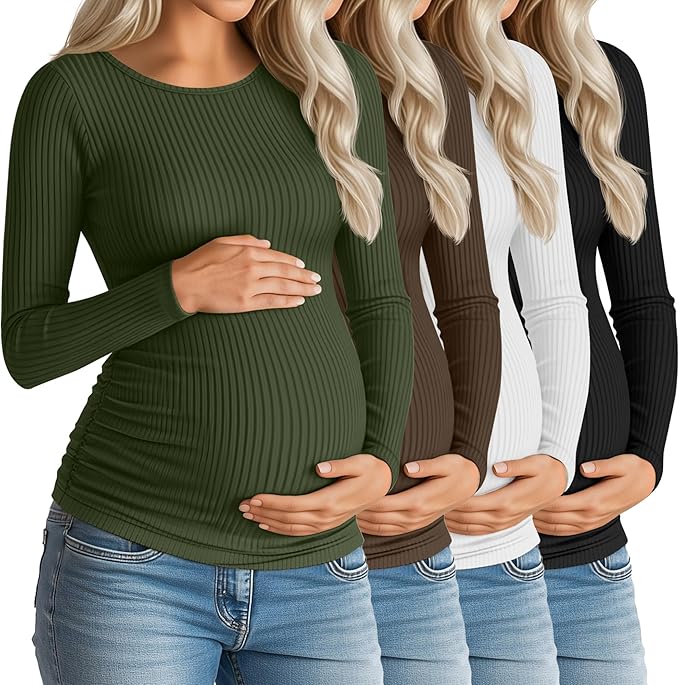 Huukeay 4 Pack Women's Maternity Shirts, Long Sleeve Cotton Ribbed Pregnancy Tops Side Ruched Crew Neck Casual Mama Clothes