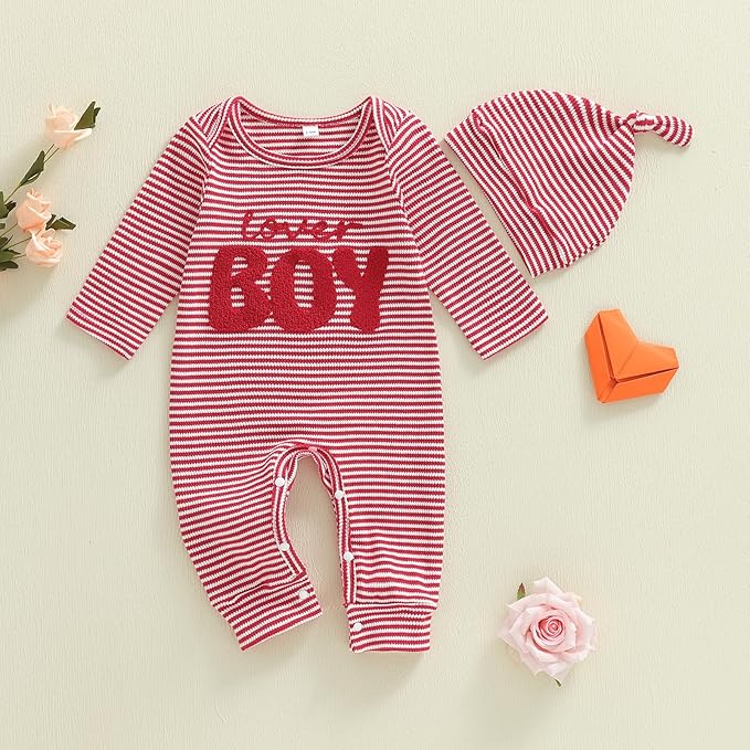 Fernvia Newborn Baby Boy Clothes Letters Print Bodysuit 3 6 9 12 18 Months Long Sleeve Jumpsuit with Hat 2PCS Outfits Set
