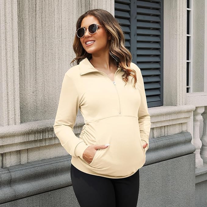 GINKANA Maternity Women's Long Sleeve Shirt Half Zipper Lapel Lightweight Casual Maternity Pullover with Pockets