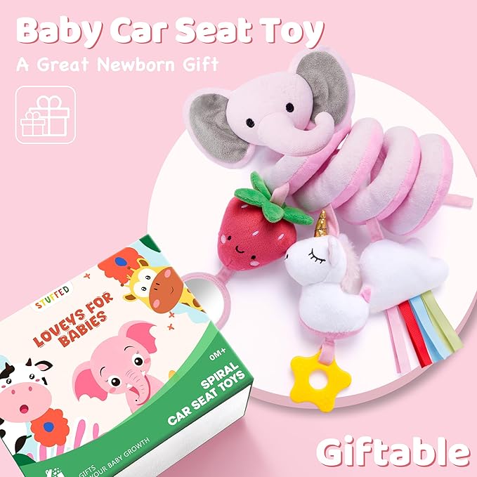 Stuffed Spiral Car Seat Toys for Baby Girls 0-6 Months, Perfect Newborn Gifts for Girls Essentials, Cute Pink Elephant Strawberry Hanging Plush Items