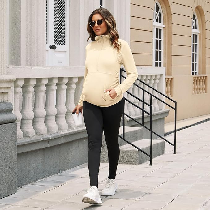 GINKANA Maternity Women's Long Sleeve Shirt Half Zipper Lapel Lightweight Casual Maternity Pullover with Pockets