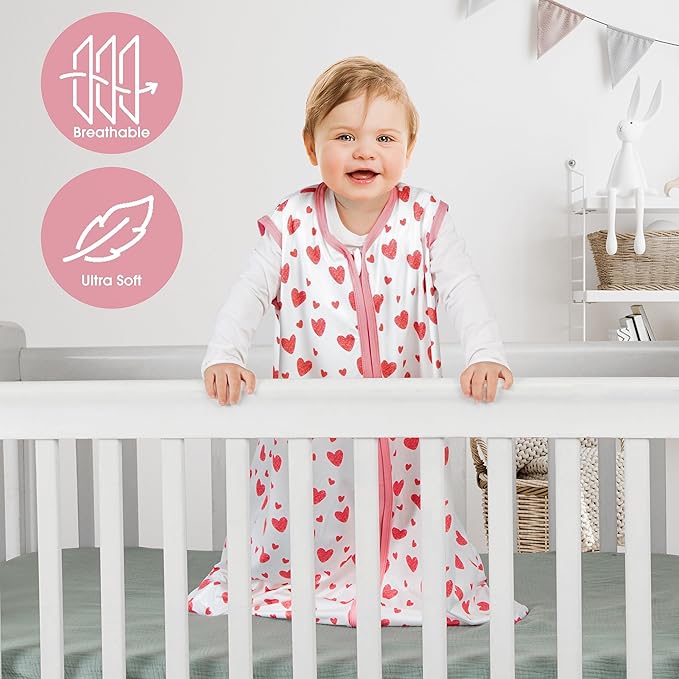3 Pack Baby Sleep Sack 18-24 Months 100% Rayon Cotton Baby Sleeping Bag 2-Way Zipper Toddler Wearable Blankets Comfy Stretchy Lightweight TOG 0.3 （Heart&Pink&Floral）