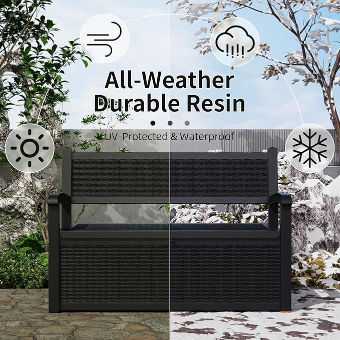 Outdoor Storage Bench - Waterproof Resin Patio Bench with Storage, All-Weather Durable Design for Garden, Deck, or Patio