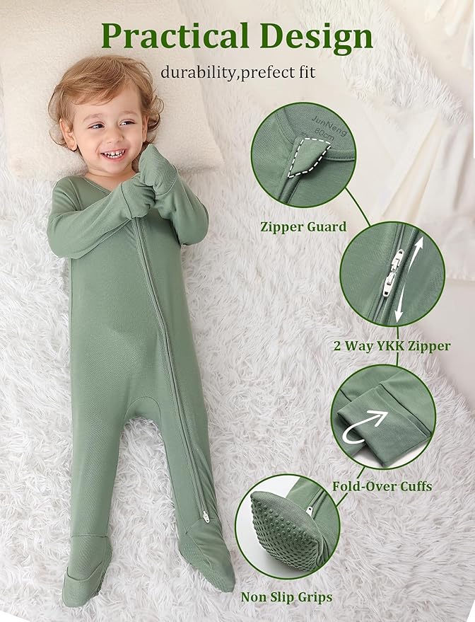 JunNeng Viscose from Bamboo Sleeper with Mittens, 2 Way Zipper Baby Boy Pajamas, Non Slip Sleep'N Play Romper