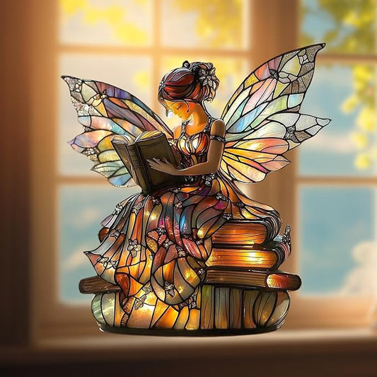 Book Fairy Acrylic Suncatcher Stained Glass Effect Window Car Hanging Christmas Ornament Indoor Outdoor Decor Garden Sun Catcher Panel Gifts for Fairy Tale Lover for Women Mom Grandma