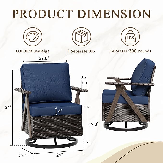 Outdoor Wicker Swivel Chairs Set of 2, Patio Furniture Set with 360 Degree Wicker Swivel Rocking Chairs with Metal Frame and Deep Seating