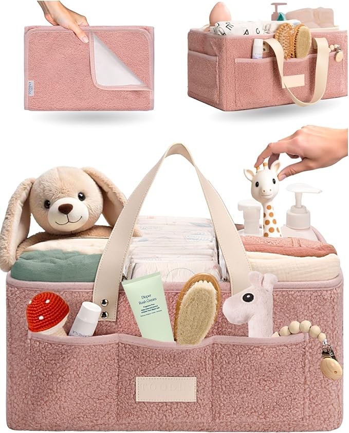 Baby Diaper Caddy Organizer with Portable Changing Mat - Teddy Fleece Diaper Organizer for Changing Table - Basket for Changing Essentials - Baby Essentials Organizer with Removable Dividers
