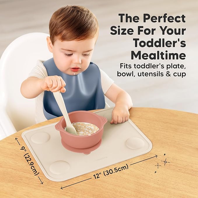 KeaBabies 2-Pack Silicone Placemats for Toddlers - 12x9 Non Slip Suction Baby Silicone Placemat for Kids Eating, Easy to Clean, Busy Travel Baby Mat for Dining Table, Food Grade/BPA-Free (Roseate)