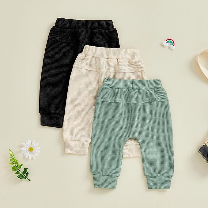 Sejardin Toddler Baby Boy Girl Pants 3 Pack Solid Color Elastic Waist Jogger Sweatpants Newborn Infant Casual Bottoms