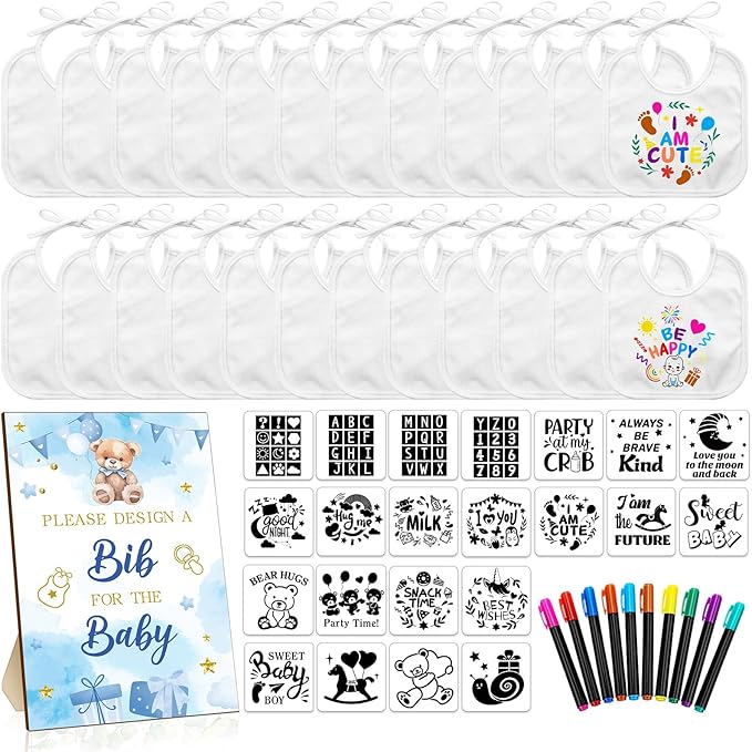 Newwiee 55 Pcs White Bibs for Baby Decorating Design a Bib Decorate Plain newborns Bibs Wooden Sign for Baby Shower Games Kit