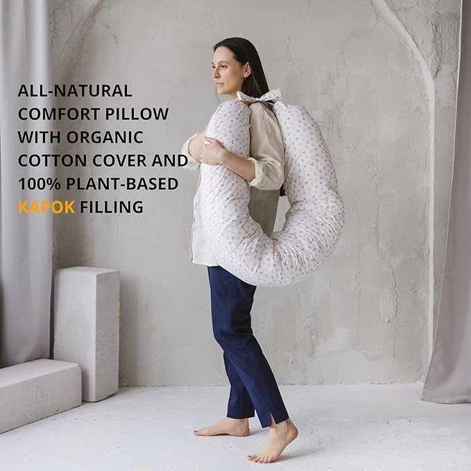 First Organic Cotton Pregnancy Pillow for Sleeping & Baby Feeding made with Natural Kapok Filling – Cooling Nursing & Comfort Pillow for Maternity Support & Side Sleepers – Removable Cover Included!
