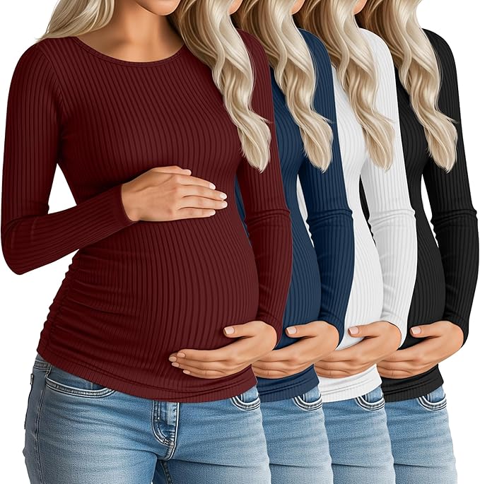 Huukeay 4 Pack Women's Maternity Shirts, Long Sleeve Cotton Ribbed Pregnancy Tops Side Ruched Crew Neck Casual Mama Clothes