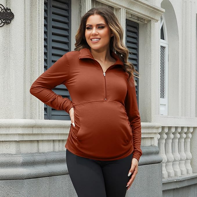 GINKANA Maternity Women's Long Sleeve Shirt Half Zipper Lapel Lightweight Casual Maternity Pullover with Pockets