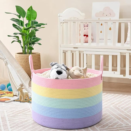 67L Rainbow Storage Basket for Organizing, 20"×13" Large Laundry Baskets, Cotton Rope Woven Blanket Basket, Toy Storage for Kids, Collapsible Blankets Storage for Living Room, Nursery Room