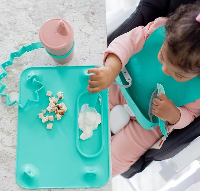 BUSY BABY Silicone Mat - New and Improved Suction Cups, 4 Straps to Secure Baby Essentials, Self Feeding, Baby Led Weaning, Travel Sleeve Included (Pewter)