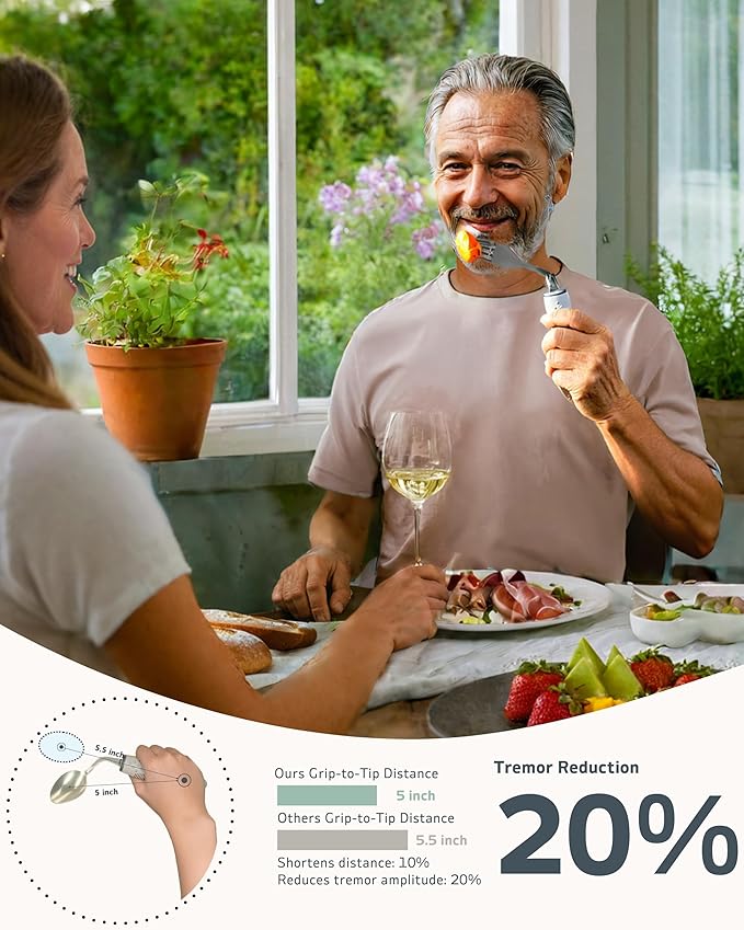 4-Piece Adaptive Utensils Set - 42° Angled Parkinsons Utensils, 2.5 oz Weighted Utensils for Hand Tremors and Parkinsons Patients, Weighted Silverware for Hand Tremors (Grey: Right-Handed)