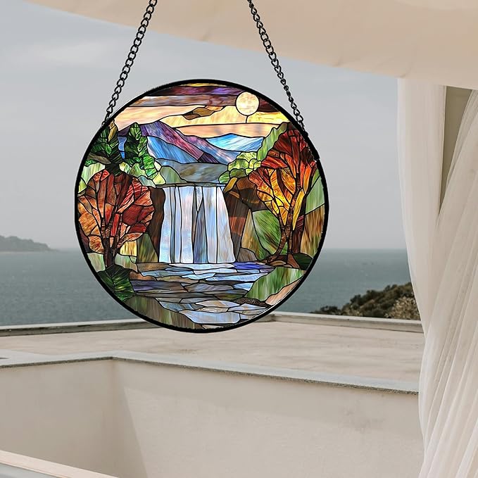 Stained Glass Window Hanging, Abstract Landscape Waterfall Mountains Trees Suncatcher for Doors Window Home Sun Catchers Decor Mother's Day Birthday Gifts for Women Men Mom 7.8 in