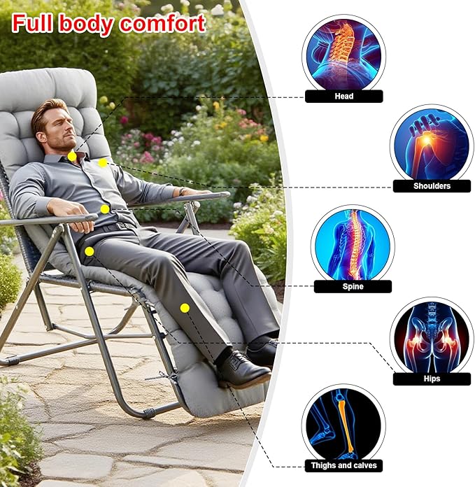 ERWUDEling Outdoor Chaise Lounge Chair Cushion 67 x 19 Inch - 4" Thick Waterproof Zero Gravity Pad Non-Slip 7D PP Cotton with 8 Ties, Machine Washable for Patio/Home/Office (Gray)