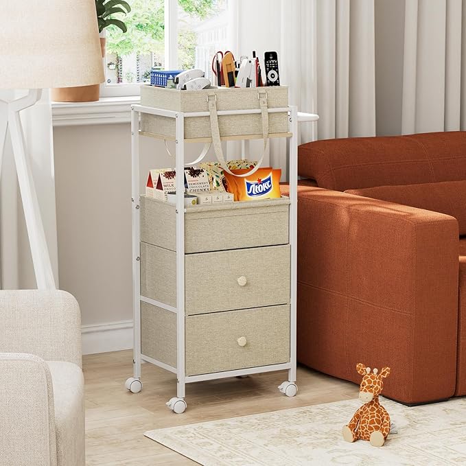 Baby Diaper Caddy Organizer Cart with Drawers - 3In1 Rolling Storage Cart with Wheels, Removable Diaper Caddy, Detachable Dividers - for Crib, Bedroom, Art & Craft Organizer (Off White)