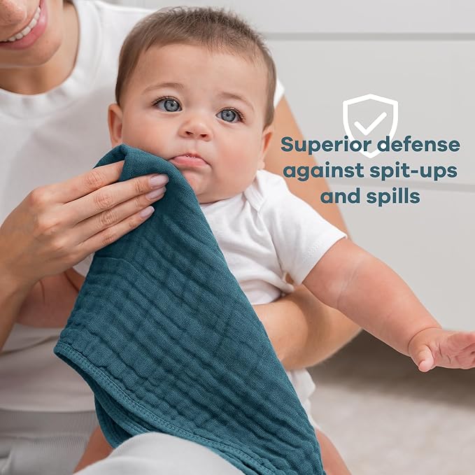 Comfy Cubs Muslin Burp Cloths 20" x 10", Pack of 10 - Large, 6-Layer, Ultra Absorbent 100% Cotton for Baby Drool and Messes - Soft, Safe & Gentle Baby Burp Cloths for Boys & Girls - Neptune